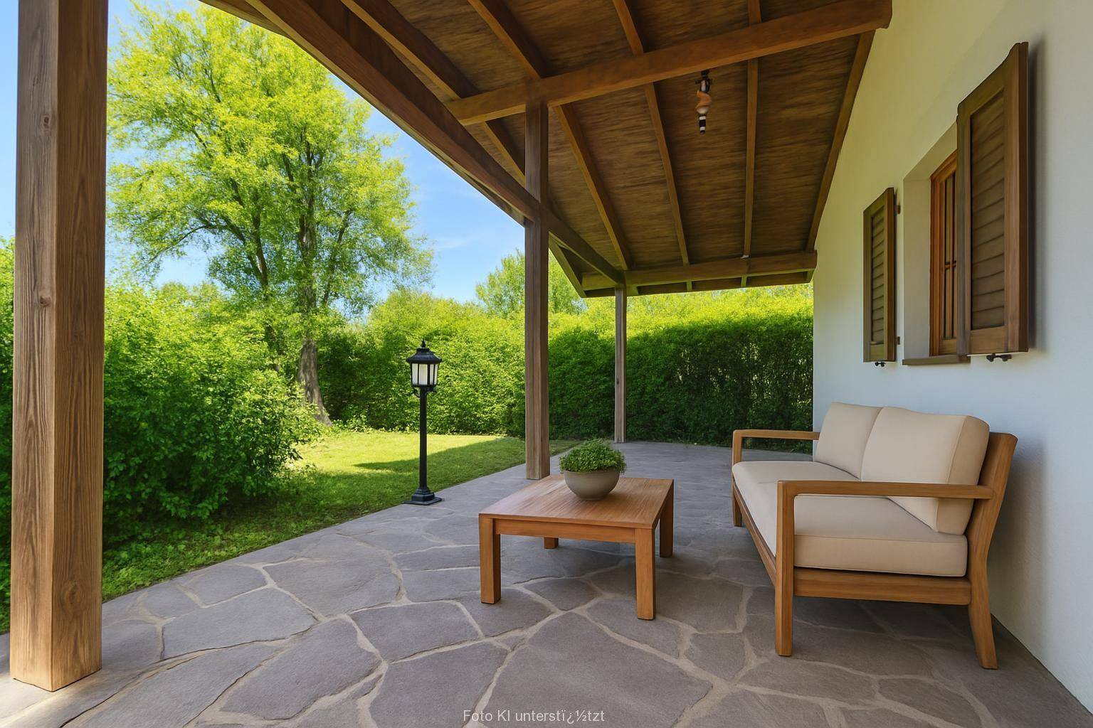 Überdachte Terrasse mit Steinboden, Holzbalken und bequemen Gartenmöbeln mit Blick ins Grüne.
