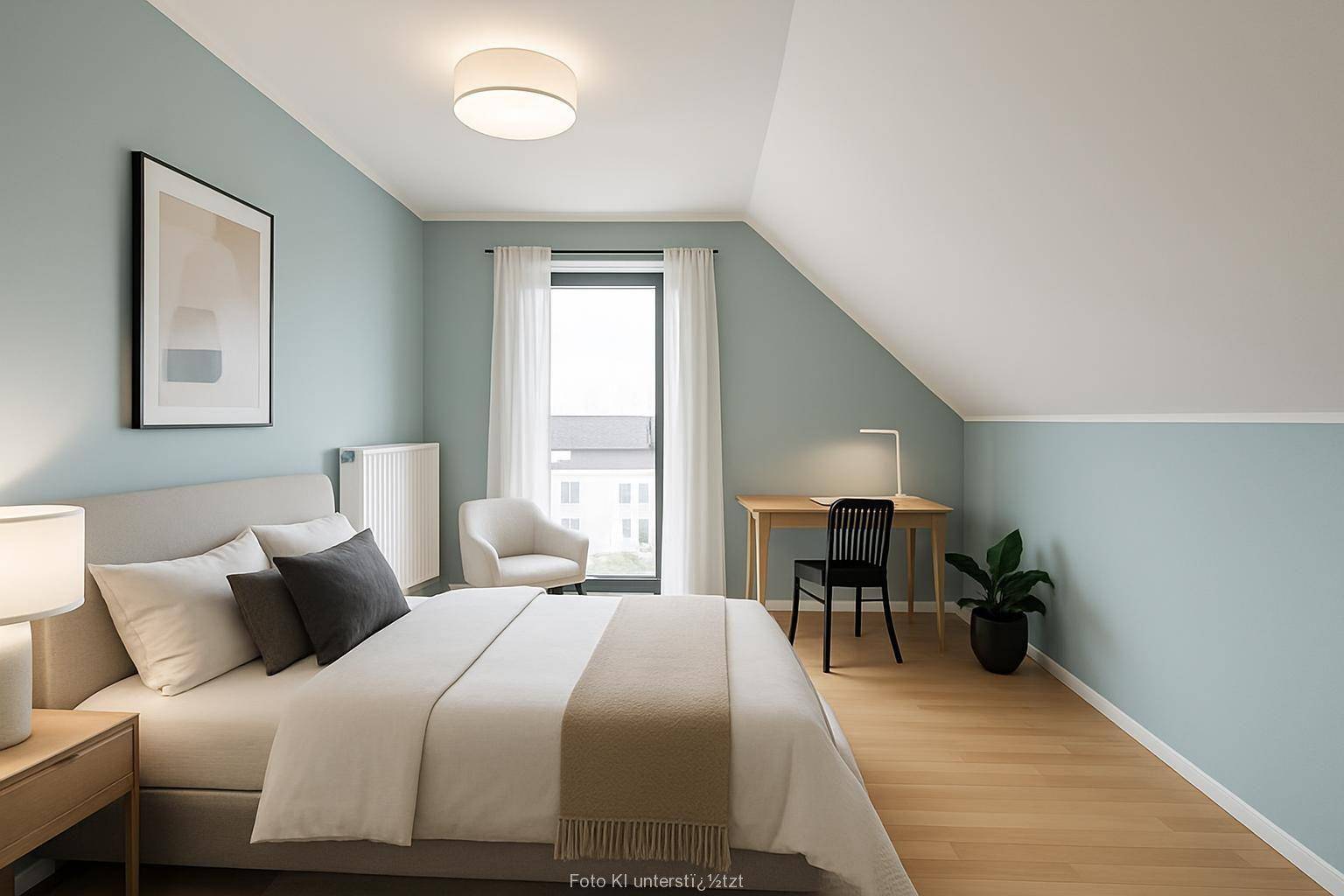 Helles Schlafzimmer mit Dachschräge, modernem Bett und einem Arbeitsbereich am Fenster.