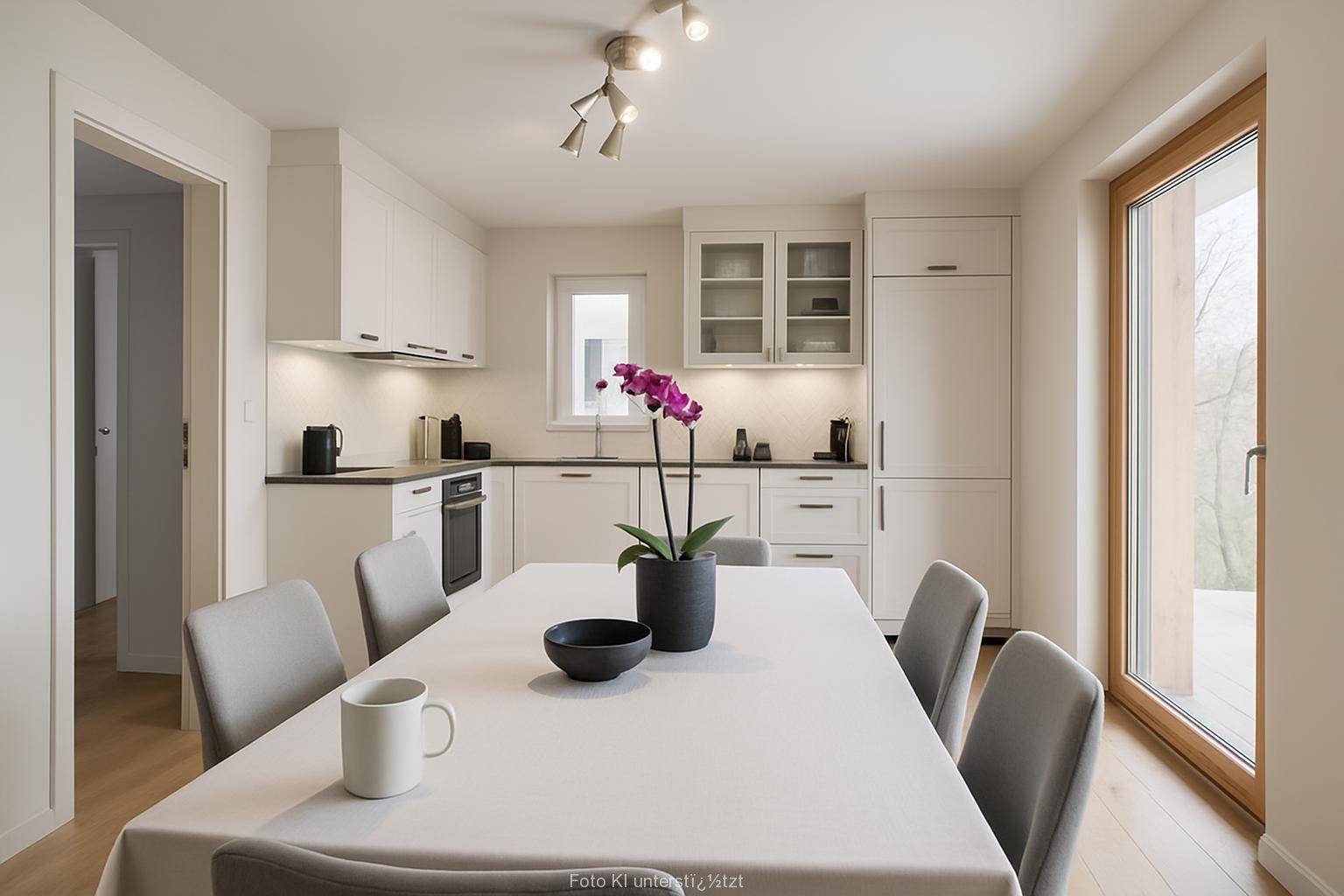 Moderne weiße Einbauküche mit Essbereich, dunklen Arbeitsplatten und Zugang zu einem Außenbereich.