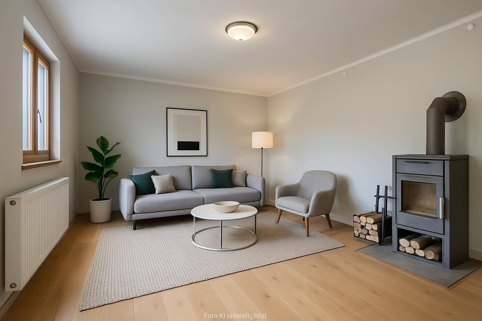 Gemütliches Wohnzimmer mit Holzboden, modernem Sofa und einem stilvollen Holzofen als Wärmequelle.