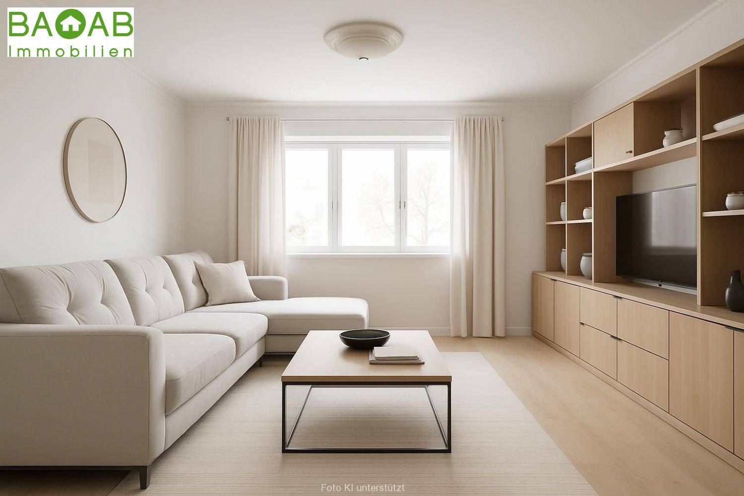 Modernes Wohnzimmer mit beigem Ecksofa, Couchtisch und integriertem Mediamöbel, hell und einladend gestaltet.