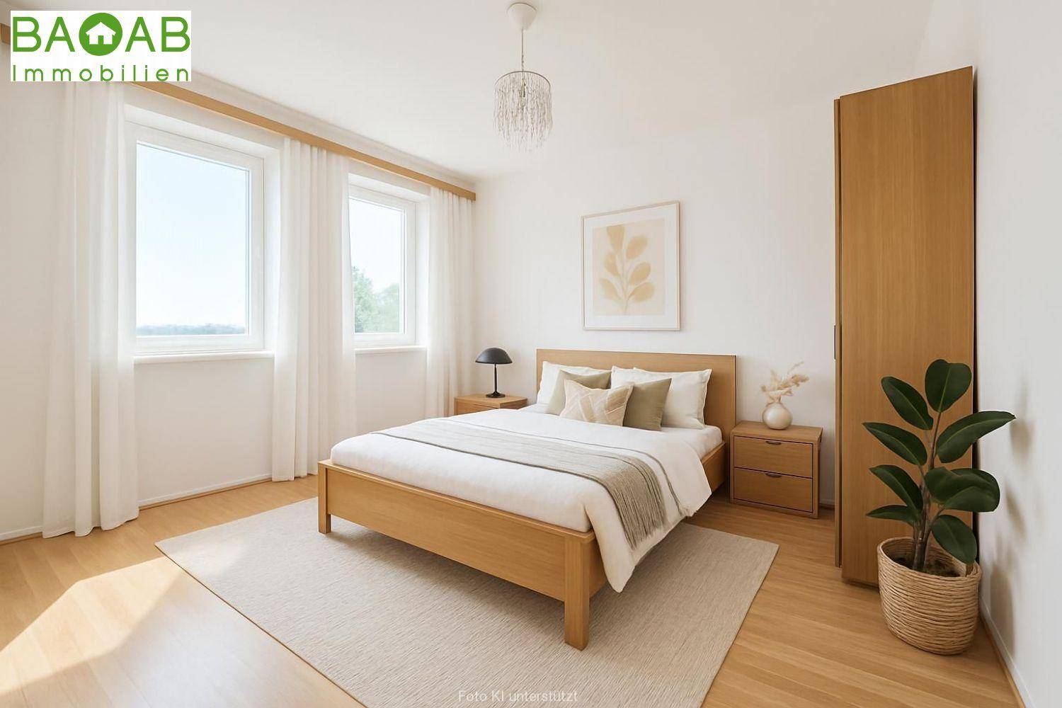 Helles Schlafzimmer mit modernem Holzbett, passenden Nachttischen und viel Tageslicht durch große Fenster.