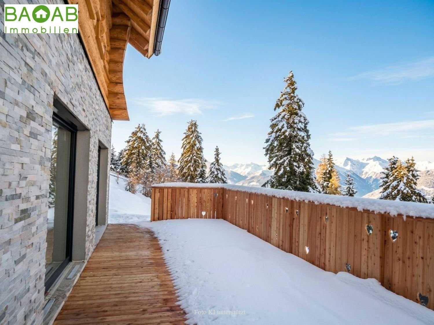 Moderne Hausfassade mit Steinverkleidung und einer verschneiten Holzterrasse mit Bergblick.