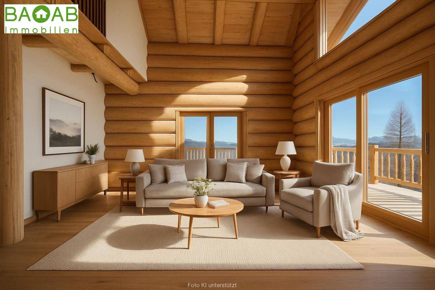 Gemütliches Wohnzimmer in einem Rundstammhaus mit Holzbalken, großen Fenstern und Bergblick.