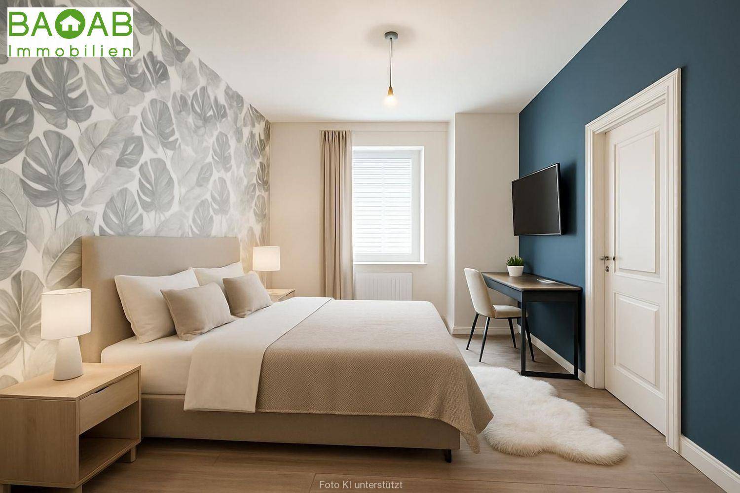 Modernes Schlafzimmer mit großem Bett, Schreibtisch und auffälliger Tapete in Blätterdesign.
