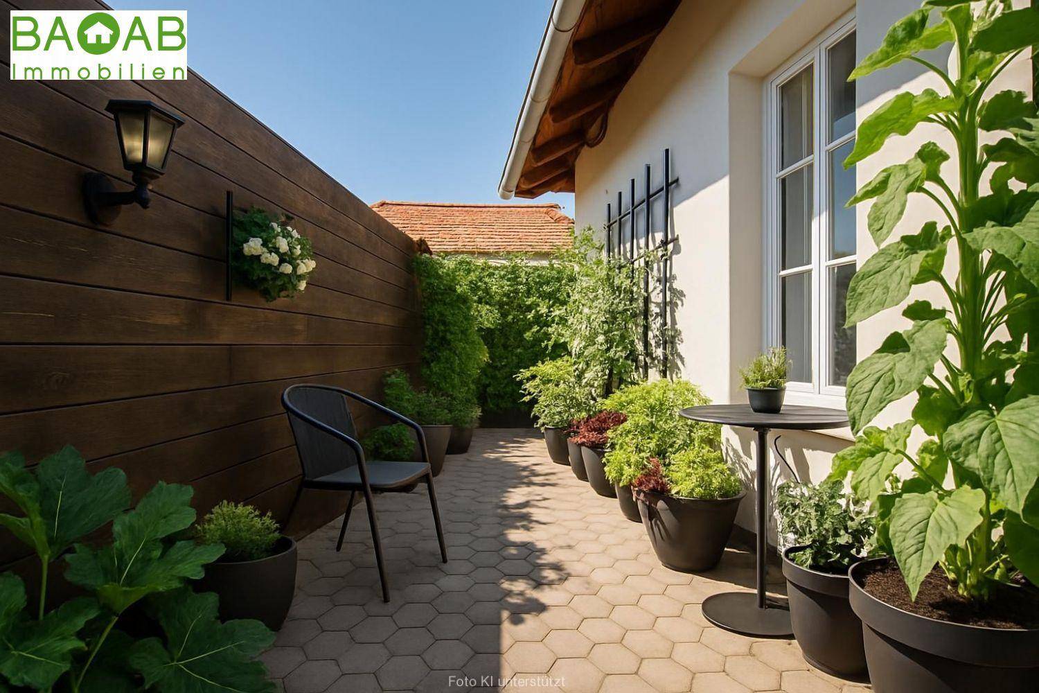 Sonnige Terrasse mit Holzwand, vielen Topfpflanzen und einem kleinen Tisch mit Stuhl.