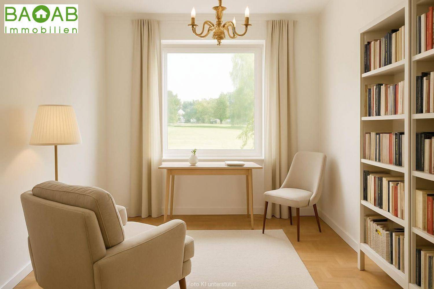 Helles Arbeitszimmer mit Bücherregal, Schreibtisch und weitem Blick ins Grüne.