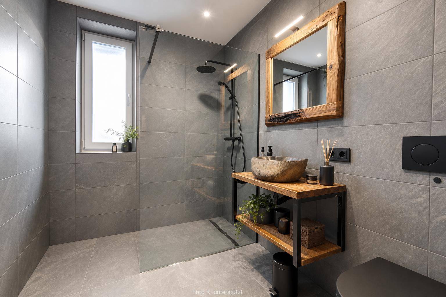 Modernes Badezimmer mit grauen Fliesen, begehbarer Dusche und rustikalem Steinwaschbecken.