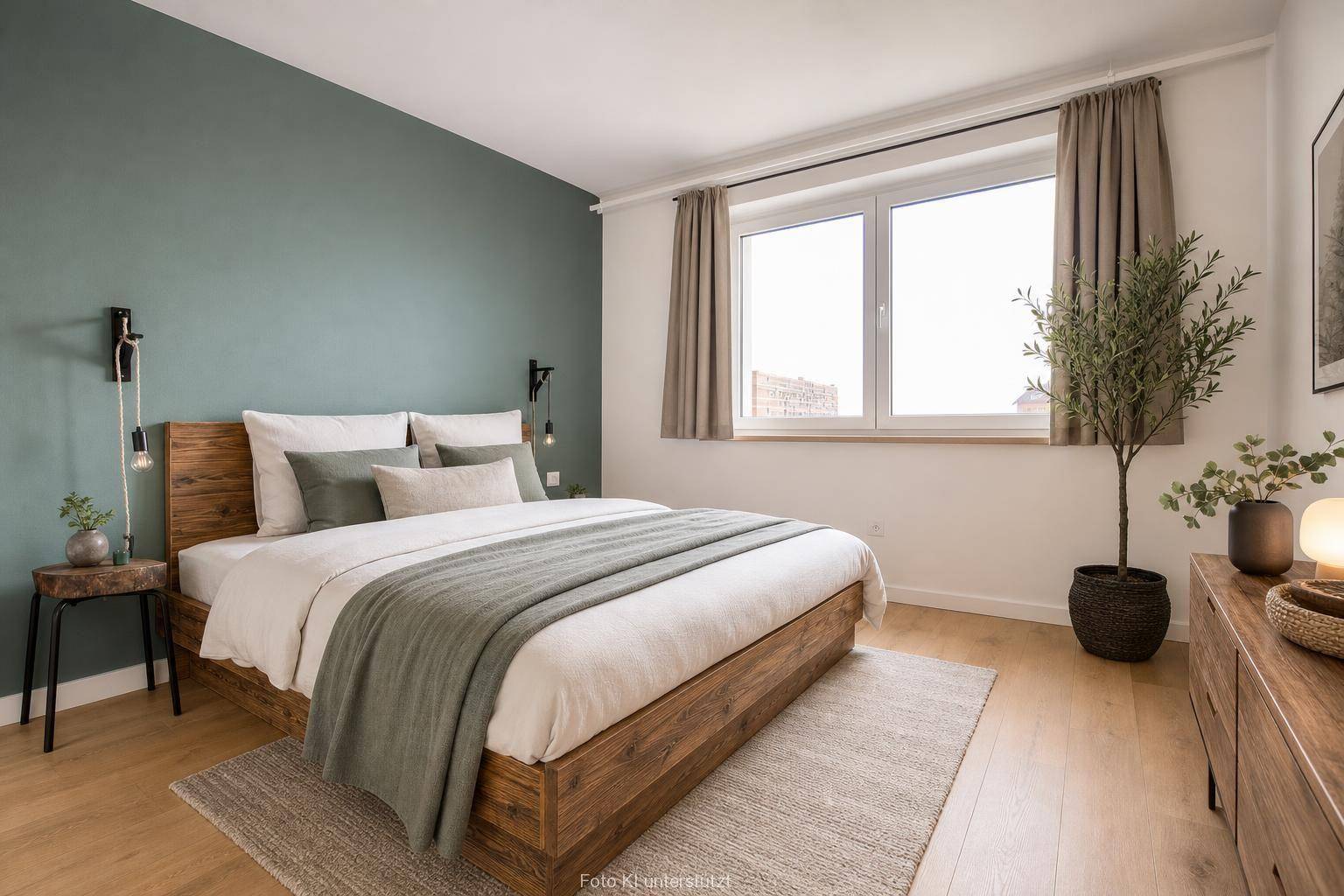 Helles Schlafzimmer mit modernem Holzbett, grüner Akzentwand und großem Fenster.