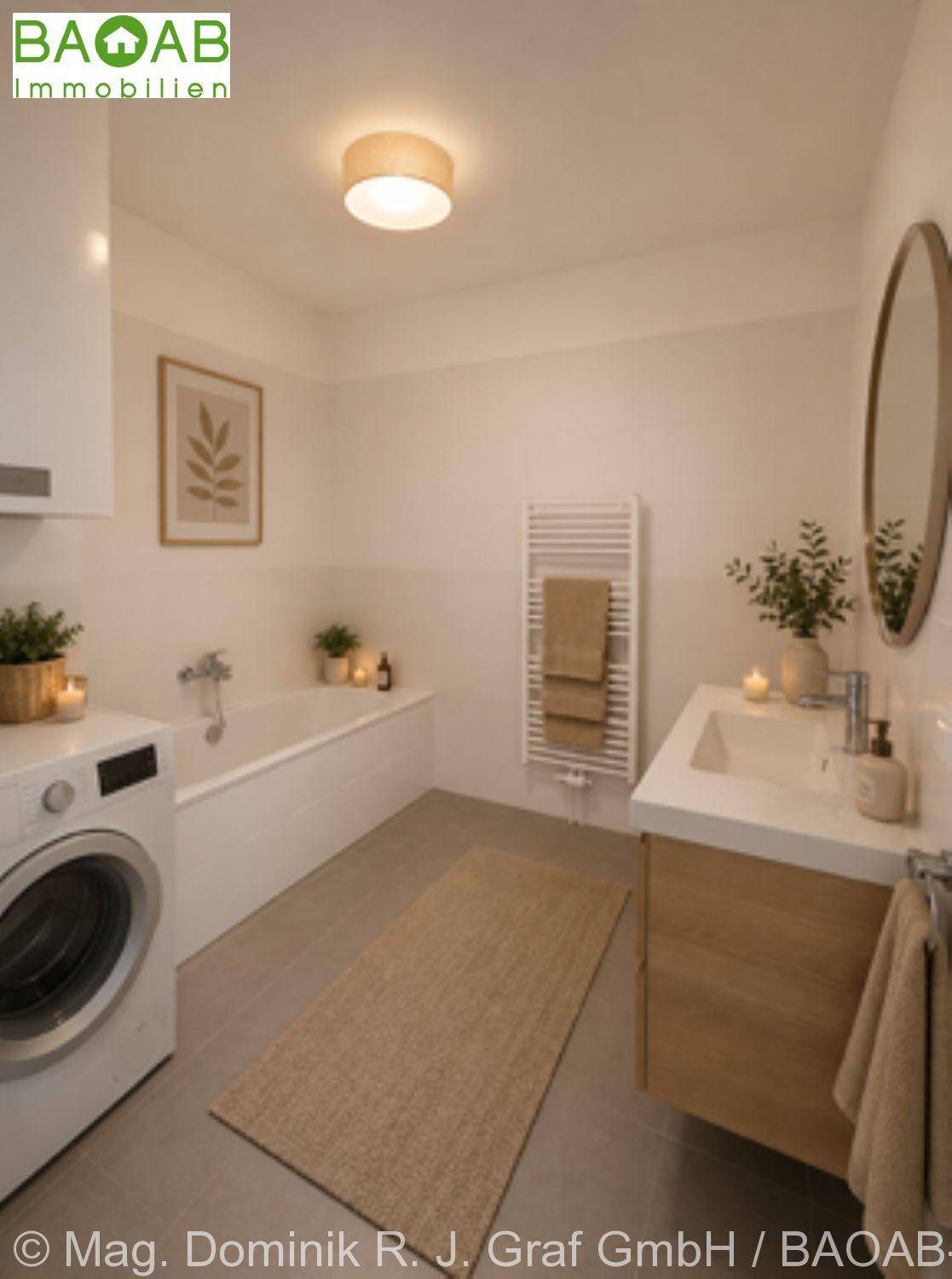 Modernes Badezimmer mit Badewanne, Waschbeckenunterschrank und beheiztem Handtuchhalter.