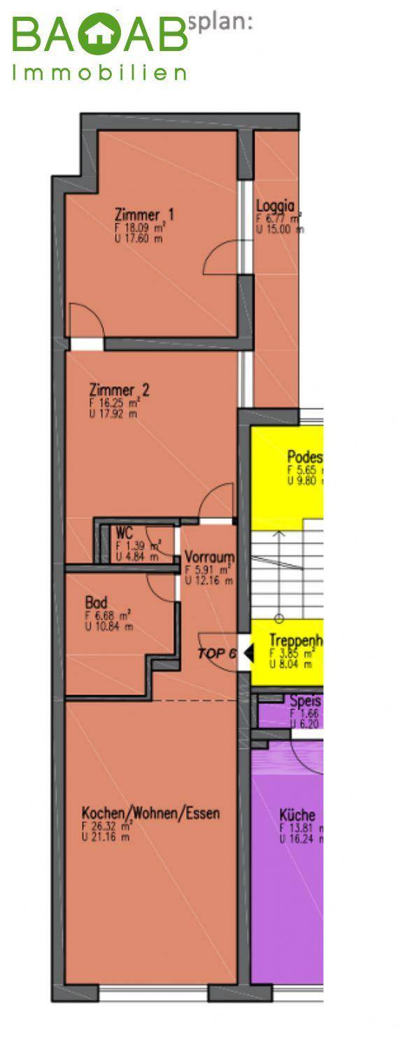 Detaillierter Grundriss einer Wohnung mit drei Zimmern, Bad, WC und Loggia.