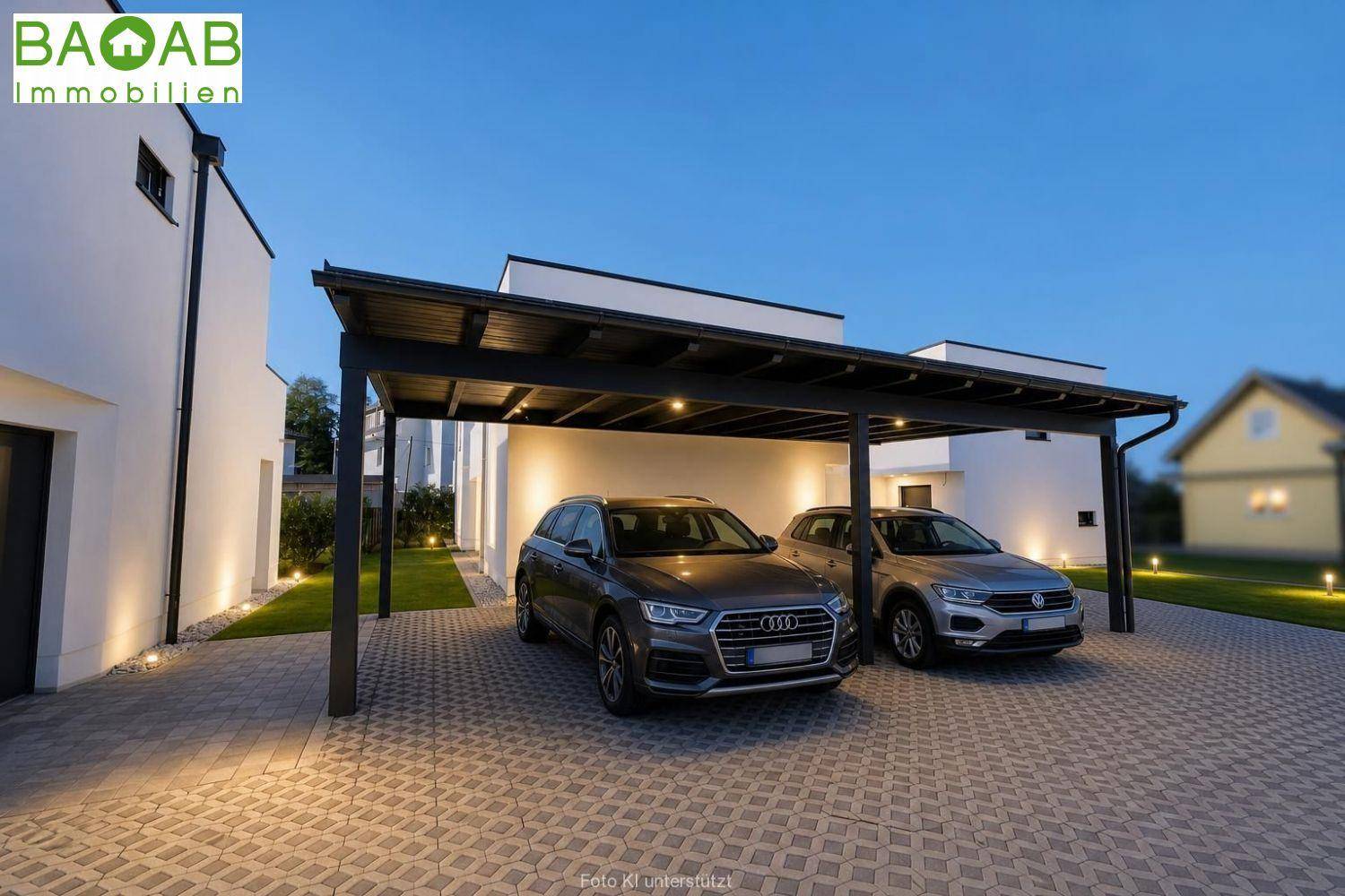 Moderner Carport mit Platz für zwei Fahrzeuge, beleuchtet für die Abendstunden.