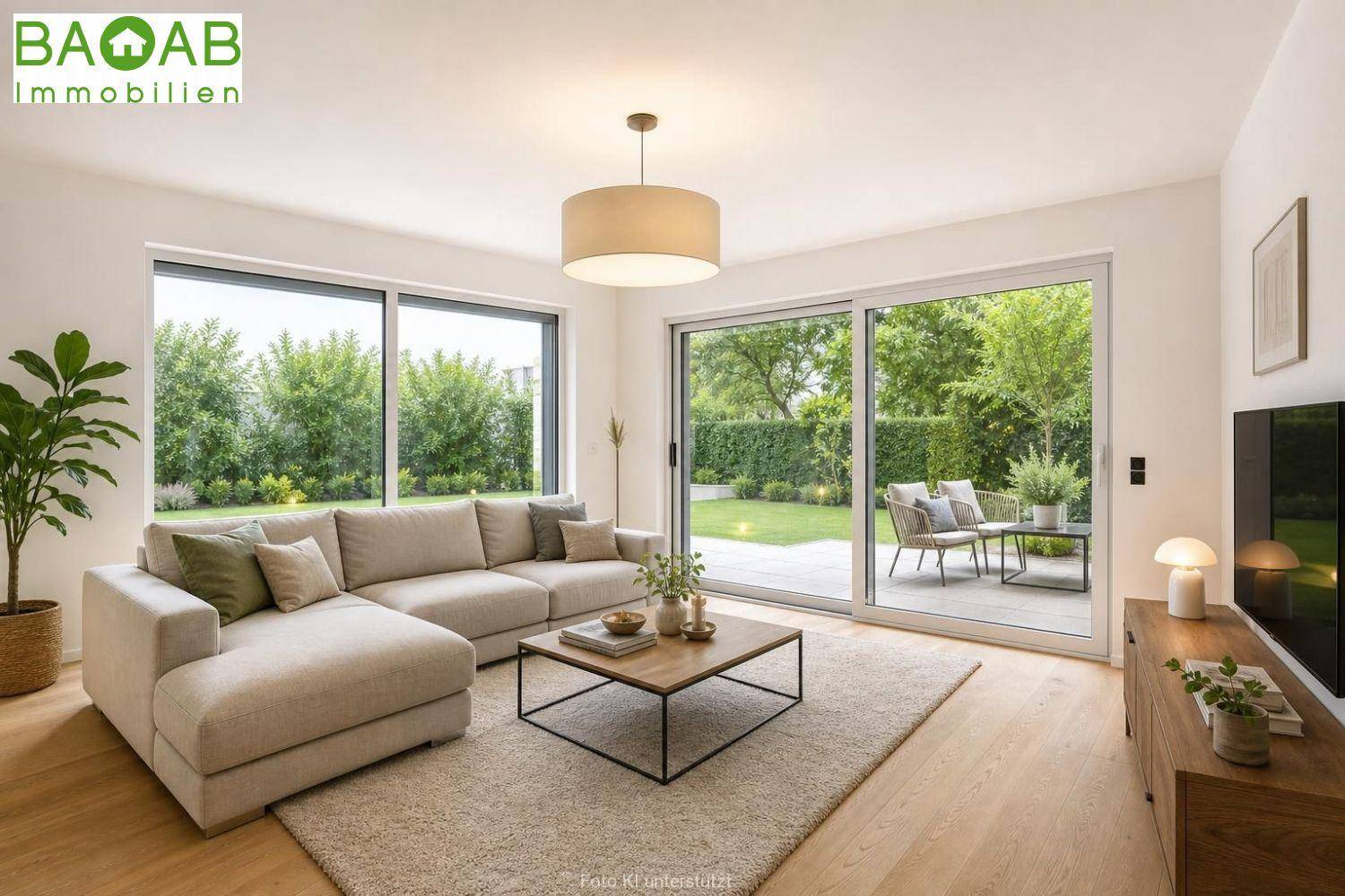 Helles Wohnzimmer mit großem Sofa, Holzboden und Zugang zum grünen Garten.