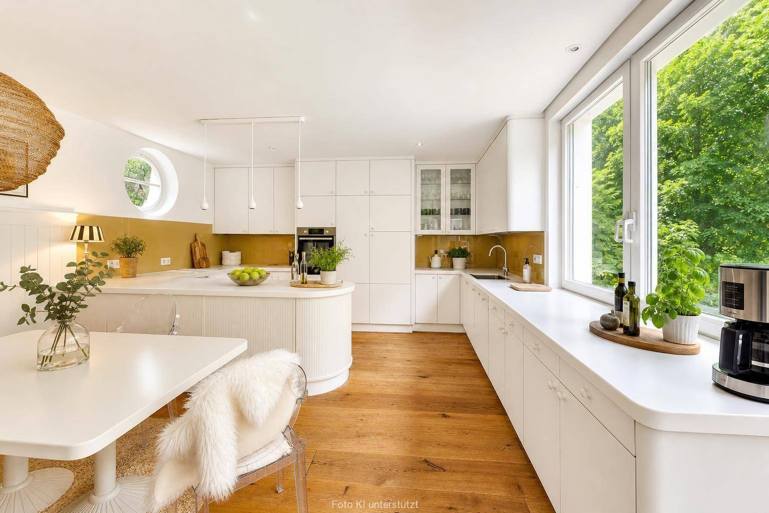 Moderne, helle Küche mit Holzboden, weißen Schränken und einer langen Arbeitsplatte mit Blick ins Grüne.