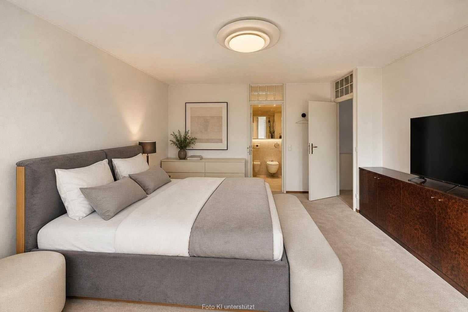 Gemütliches Schlafzimmer mit großem Bett, Teppichboden und direktem Zugang zu einem modernen Badezimmer.