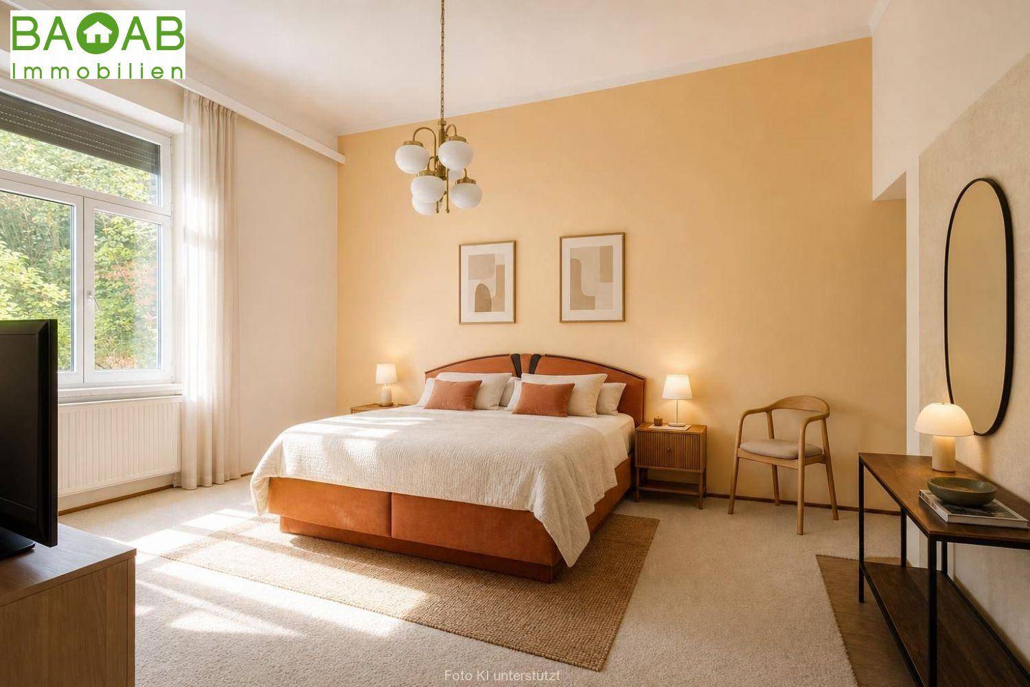 Helles Schlafzimmer mit großem Doppelbett, Nachttischen und einem Fenster mit viel Tageslicht.