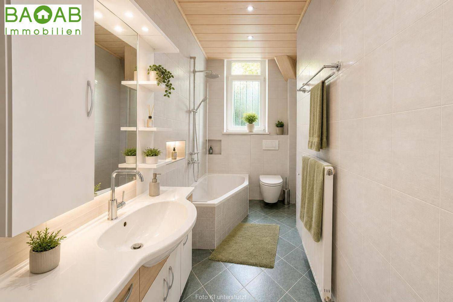 Modernes Badezimmer mit Badewanne, Waschtisch, Spiegelschrank und Fenster für gute Belüftung.