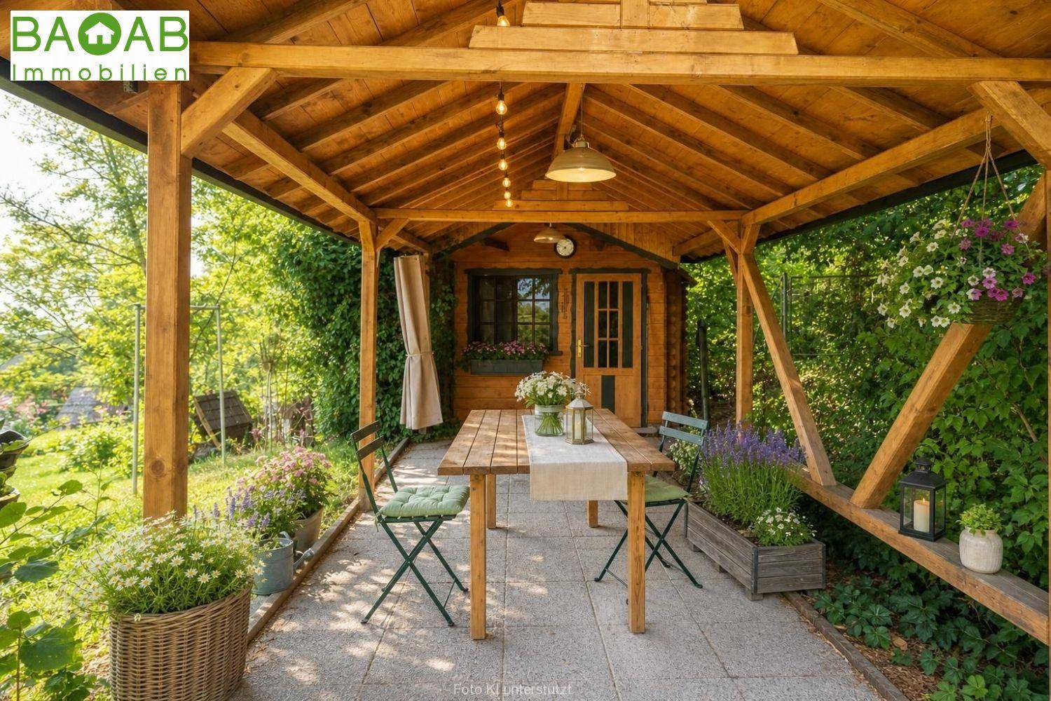 Überdachte Terrasse mit Holzdach, Esstisch und Gartenmöbeln, umgeben von üppigem Grün.