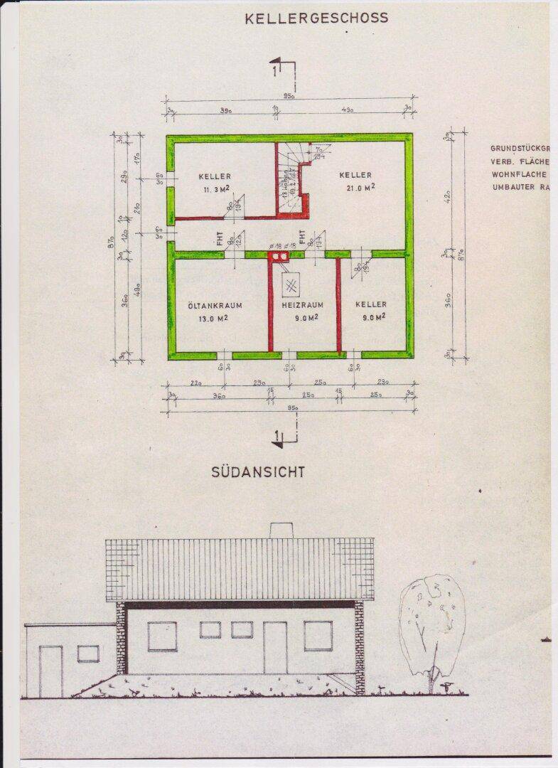 Grundriss des Kellergeschosses mit verschiedenen Räumen und Südansicht des Gebäudes.