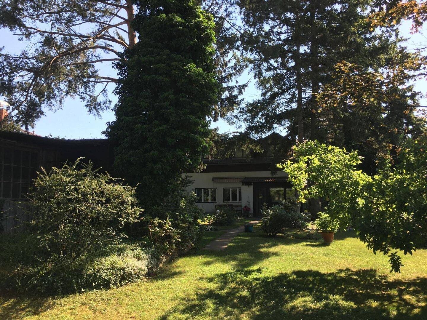 Ansicht des Hauses vom weitläufigen Garten aus, umgeben von hohen Bäumen und üppigem Grün.