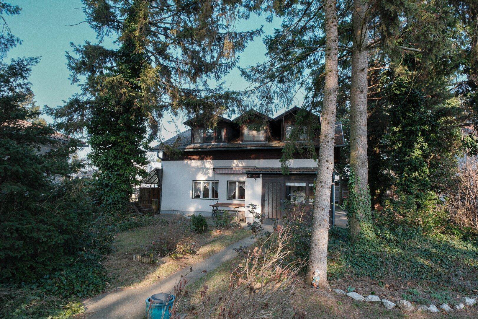 Vorderansicht des Hauses mit Zufahrt, umgeben von hohen Bäumen und winterlicher Vegetation.