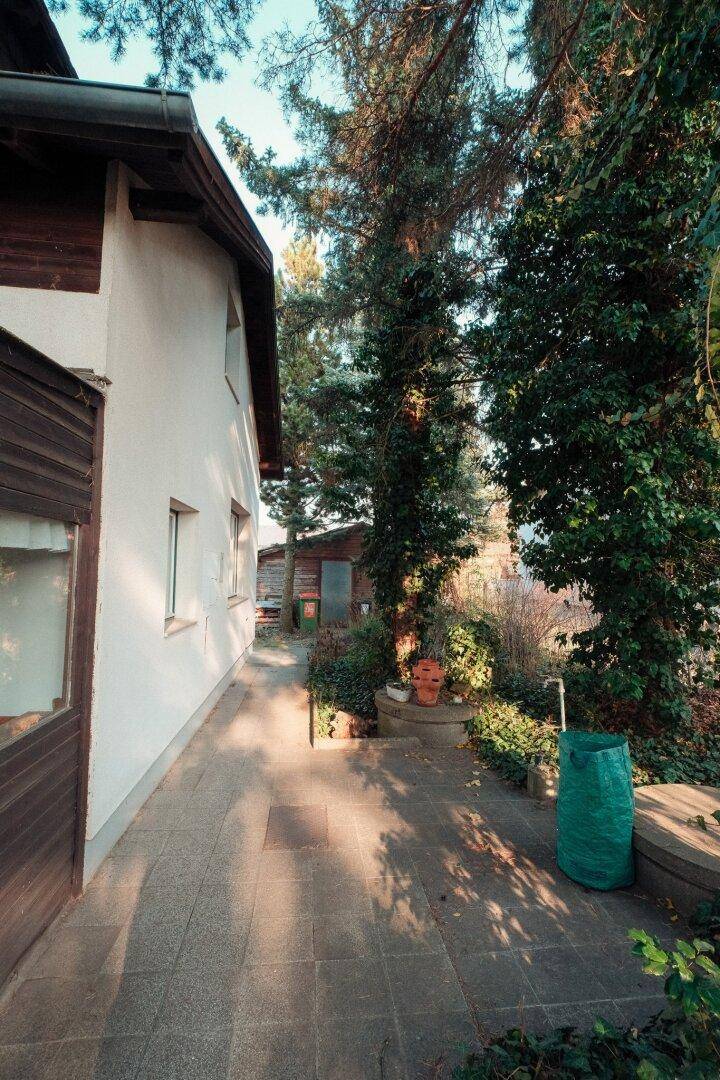 Gepflasterter Weg entlang der Hausseite, führt durch den Garten mit Bäumen und Sträuchern.