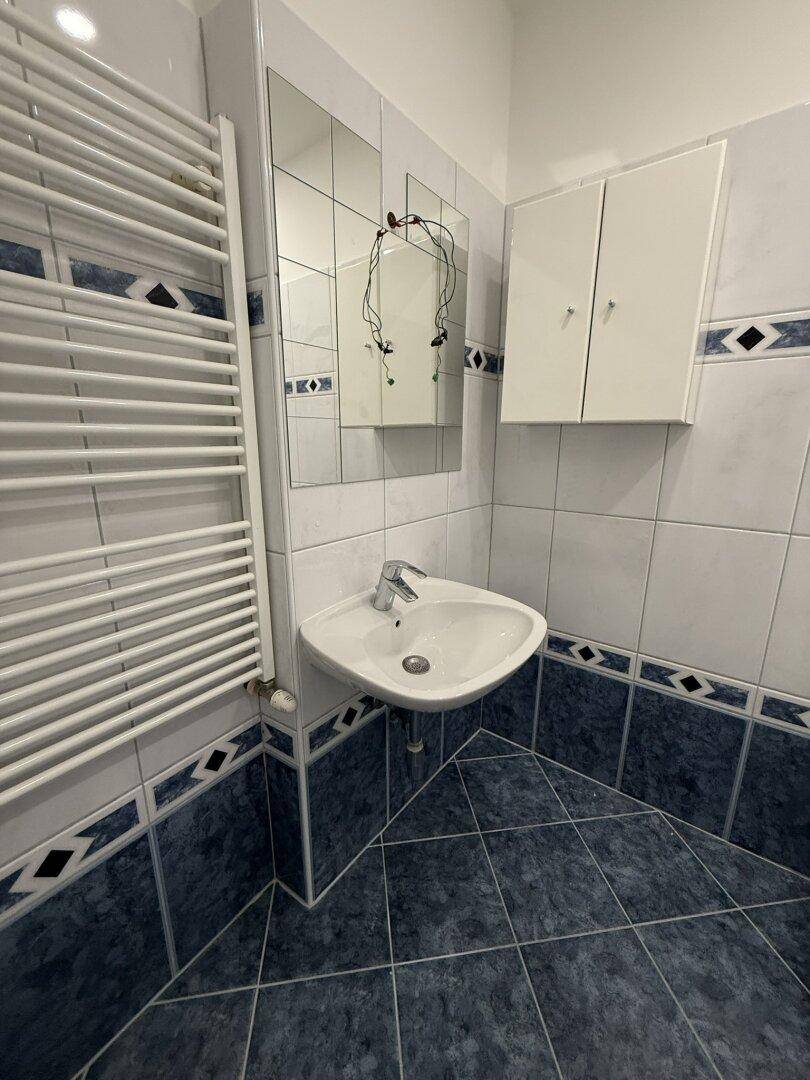 Badezimmer mit Waschbecken, Spiegelschrank und beheiztem Handtuchhalter in Blau-Weiß.