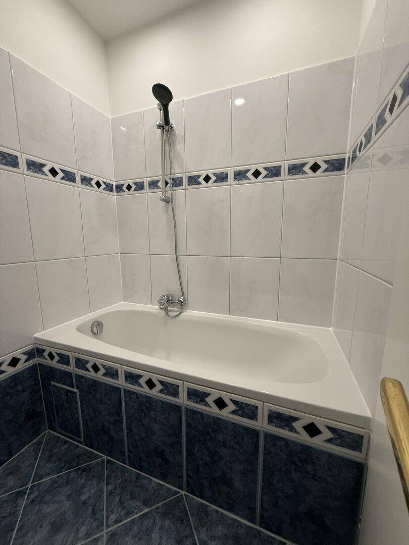 Badezimmer mit Badewanne und Duschkopf, gefliest in einem klassischen Blau-Weiß-Muster.