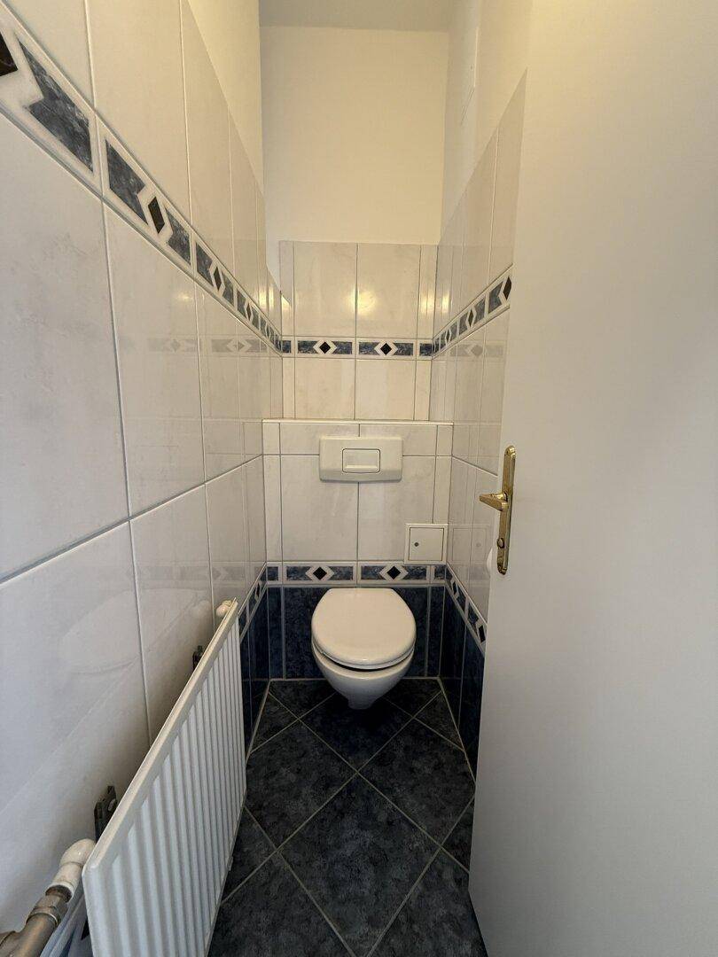 Separate Toilette mit Wand-WC und Heizkörper, gefliest in Blau-Weiß.