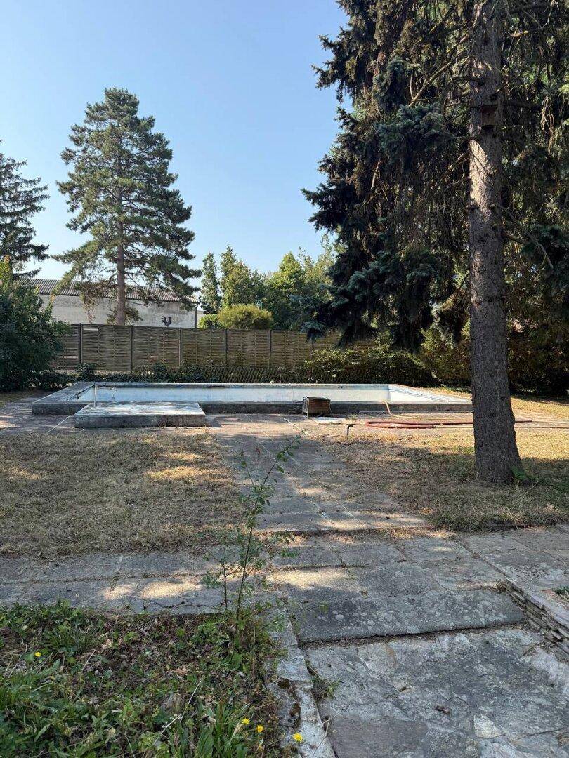 Leeres Schwimmbecken in einem weitläufigen Gartenbereich mit hohen Bäumen.