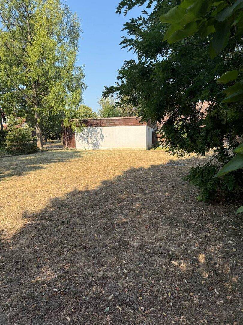 Weitläufiger Garten mit trockenem Rasen und einem Nebengebäude im Sonnenlicht.