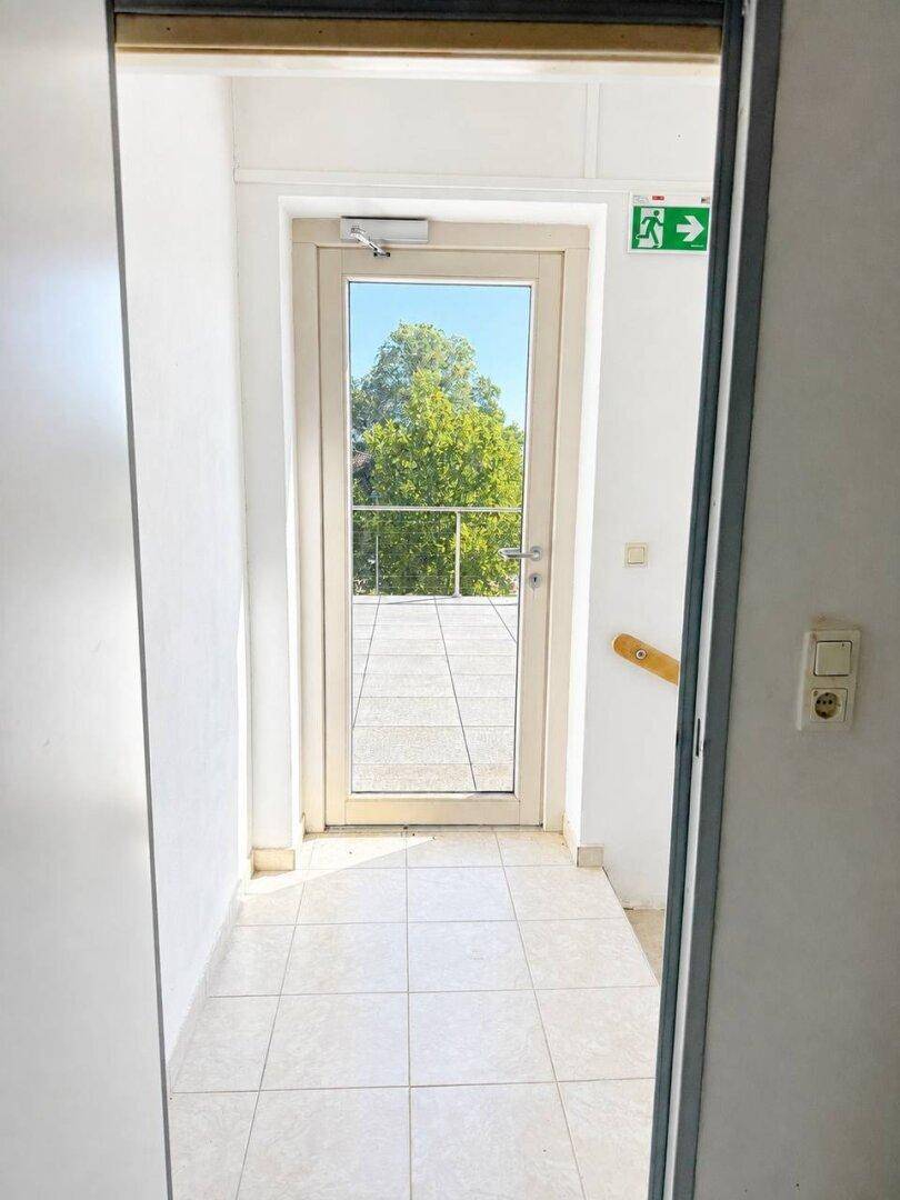 Heller Flur mit Ausgangstür, die auf ein Flachdach und Bäume blickt.