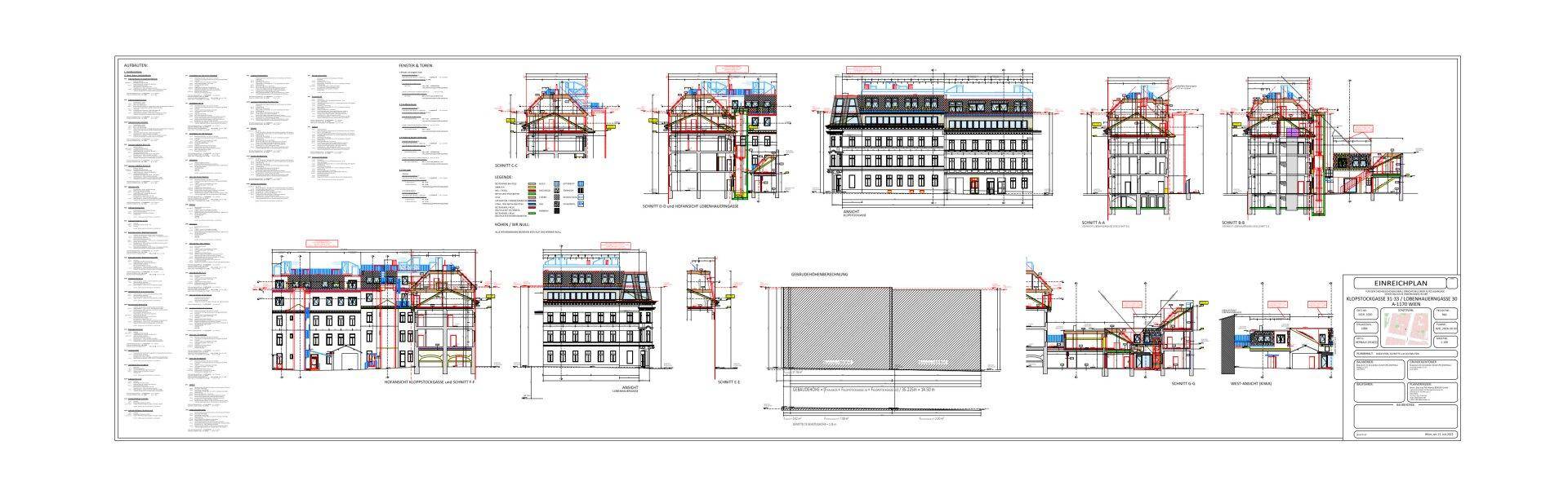 Architektonische Zeichnungen mit Schnitten, Ansichten und Konstruktionsdetails des Gebäudes.
