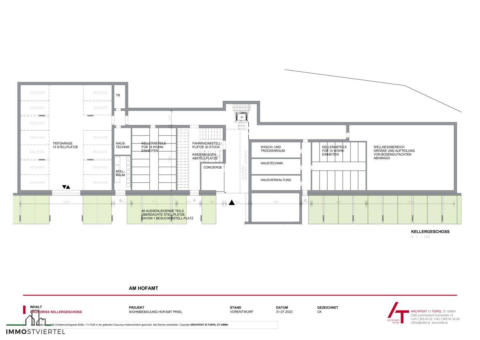 Grundriss des Kellergeschosses mit Tiefgarage, Technikräumen, Abstellflächen und einem Wellnessbereich.