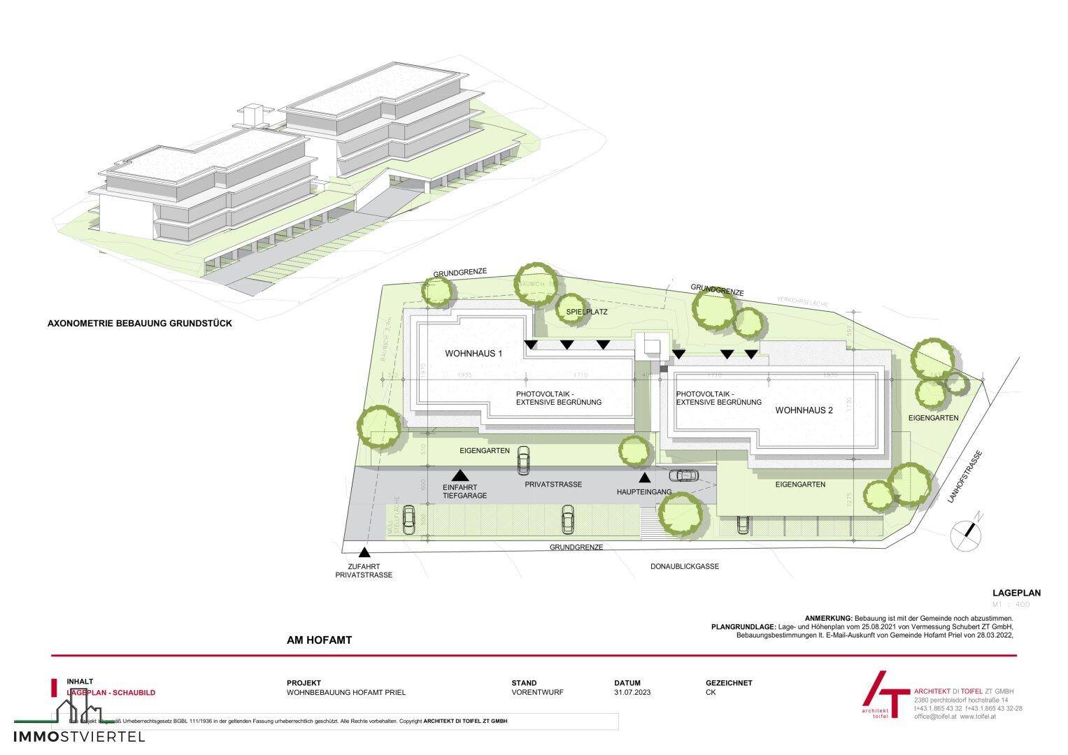 Lageplan mit zwei Wohnhäusern, Gärten, Parkplätzen und eingezeichneten Photovoltaikanlagen.