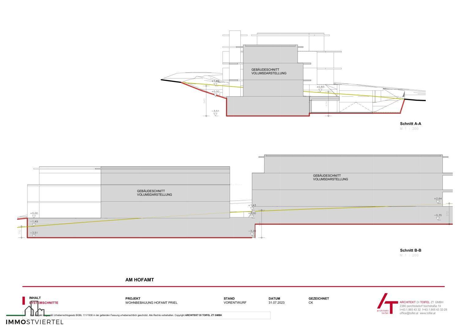 Architektonische Gebäudeschnitte, die die Struktur und die Integration der Gebäude ins Gelände zeigen.