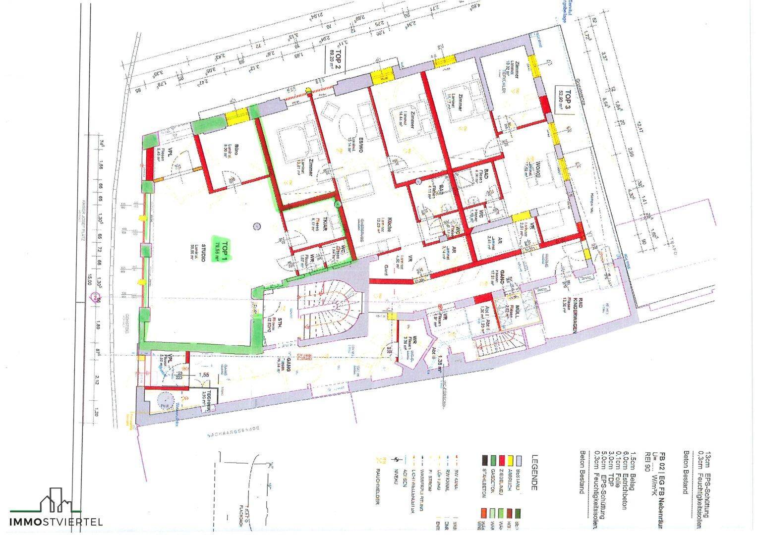Detaillierter Grundrissplan mit Raumaufteilung und Flächenangaben der Wohneinheiten.