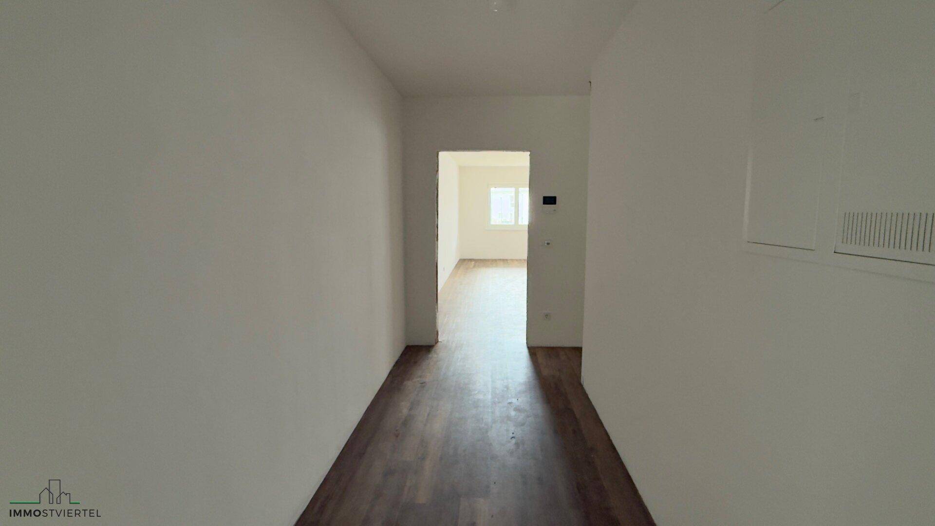 Heller Flur mit dunklem Laminatboden und Zugang zu weiteren Räumen im Neubau.