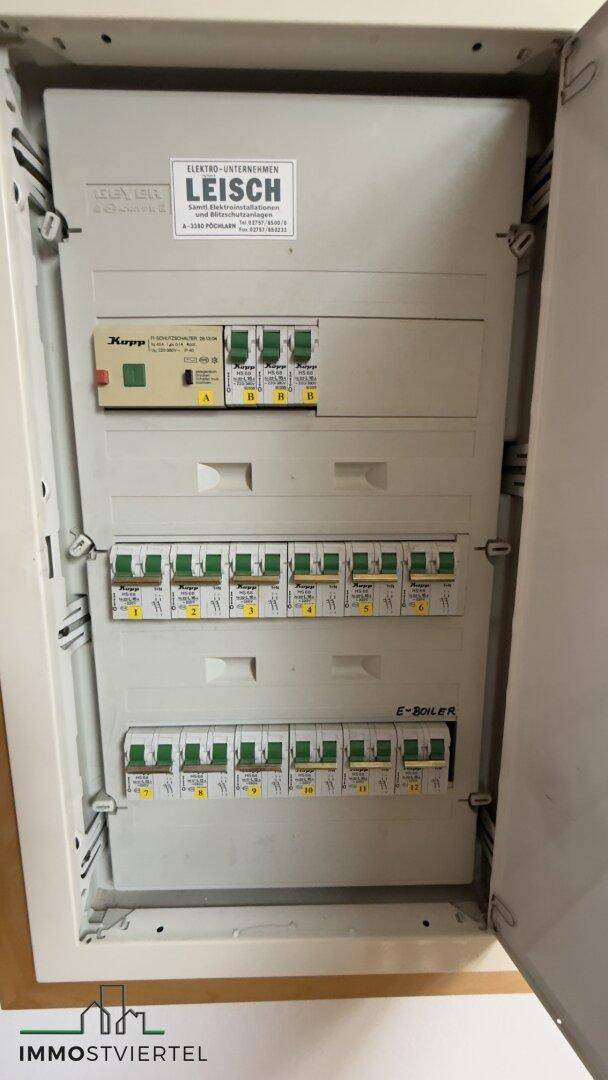 Elektrischer Sicherungskasten mit mehreren Schaltern und Beschriftungen, gut zugänglich und organisiert.