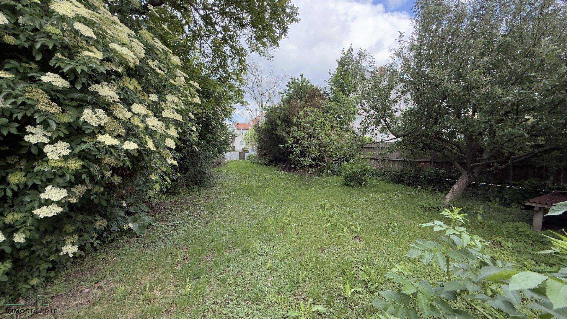 Großer, grüner Gartenbereich mit Rasenfläche und blühenden Sträuchern, umgeben von Bäumen.