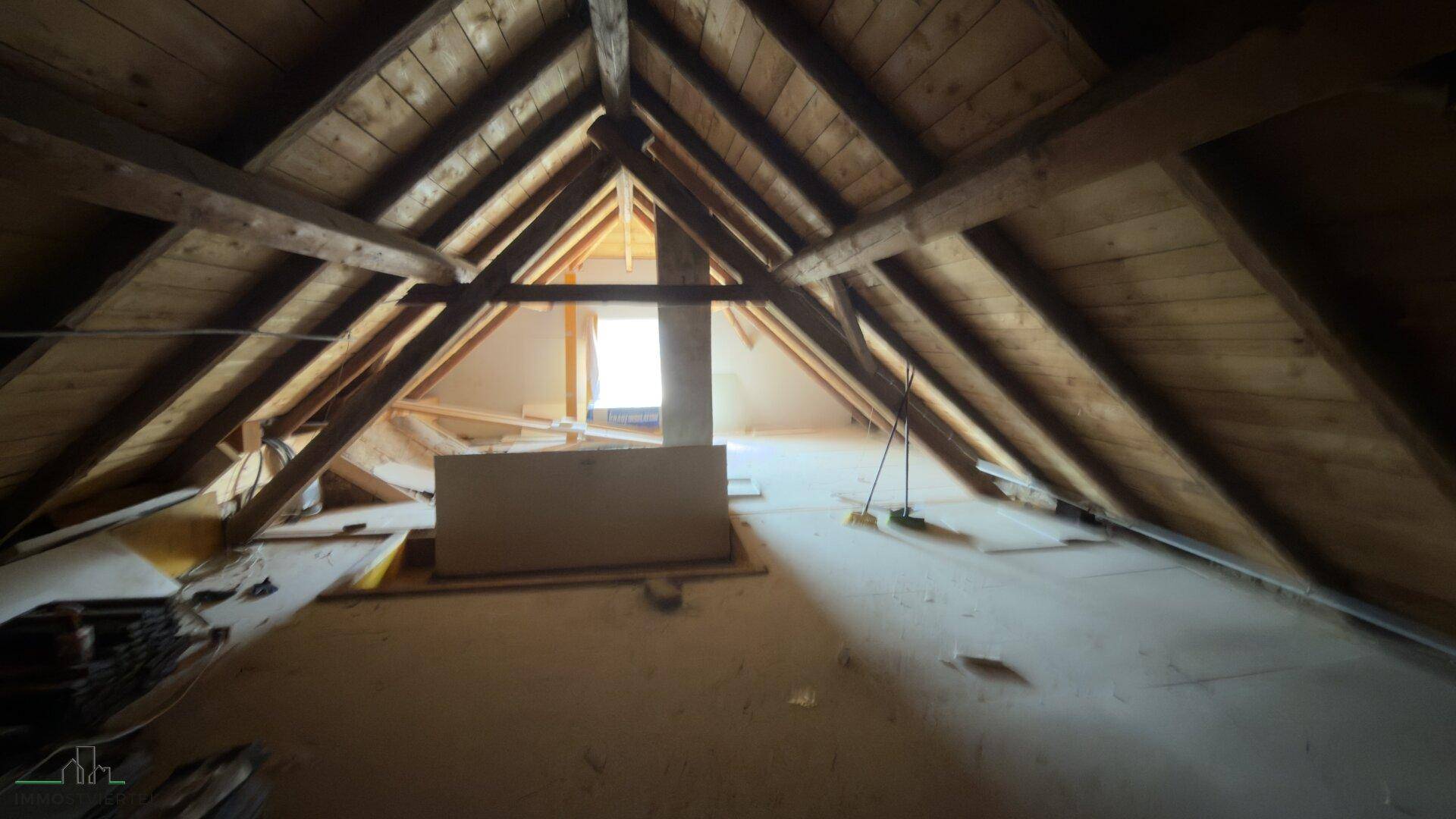 Unausgebauter Dachboden mit sichtbarer Holzkonstruktion und viel Potenzial.