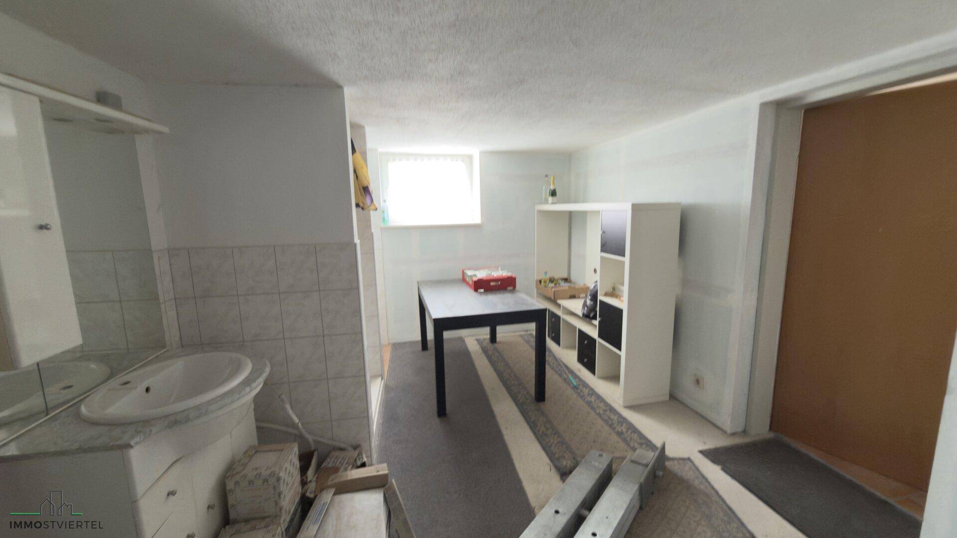 Mehrzweckraum im Untergeschoss mit Waschbecken, Tisch und Regalen.