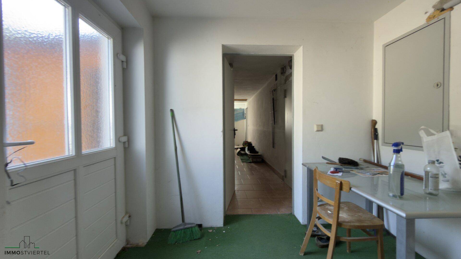 Eingangsbereich oder Flur mit Außentür und Zugang zu weiteren Räumen.