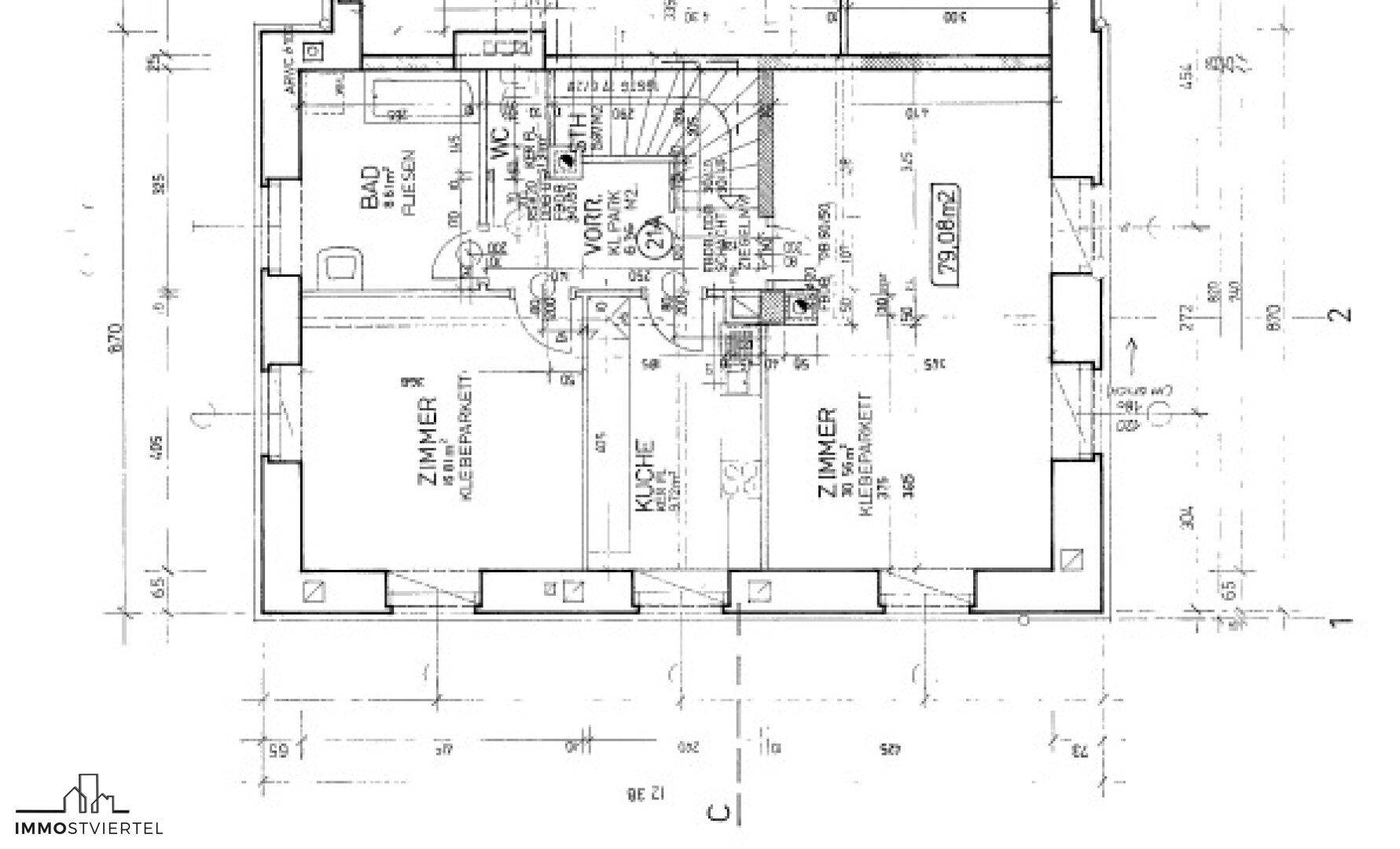 Grundriss einer Wohnung mit drei Zimmern, Bad, WC und einer Gesamtfläche von 79,08 m².