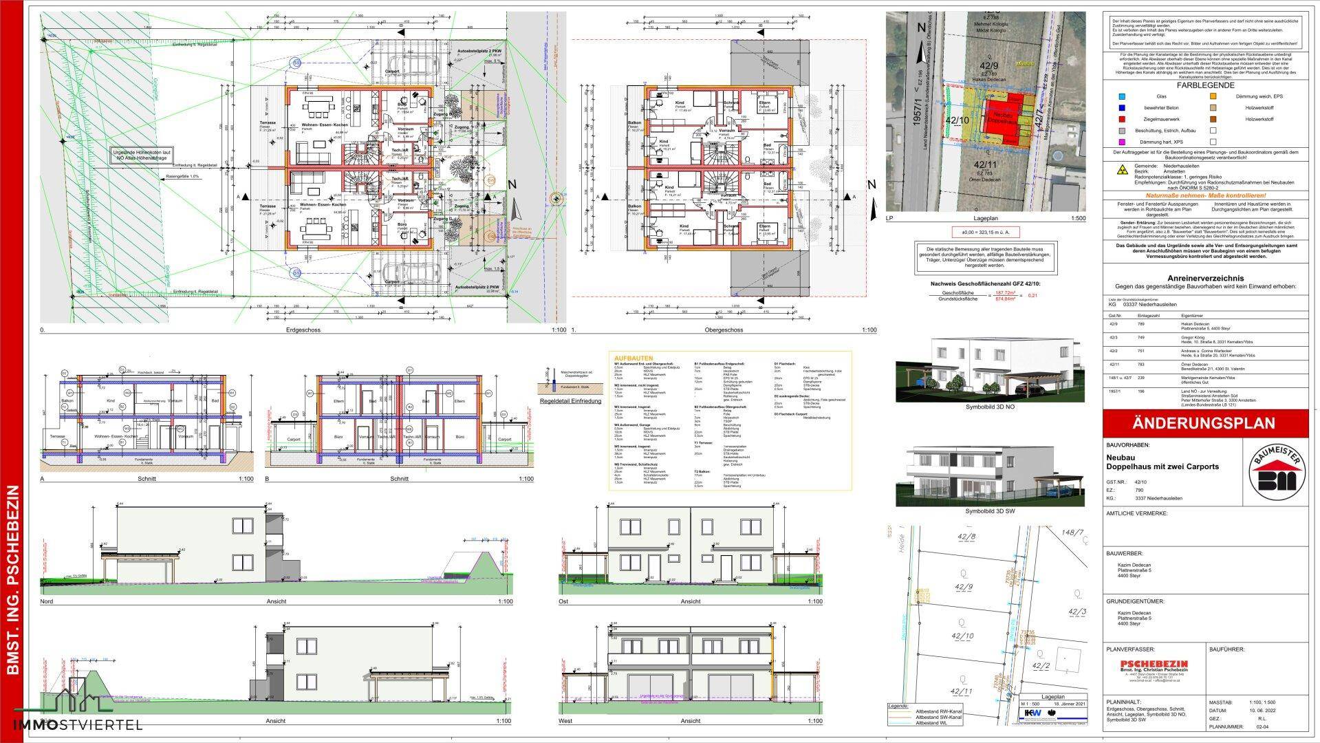 Umfassender Bauplan mit Grundrissen, Ansichten und Lageplan des Doppelhauses.