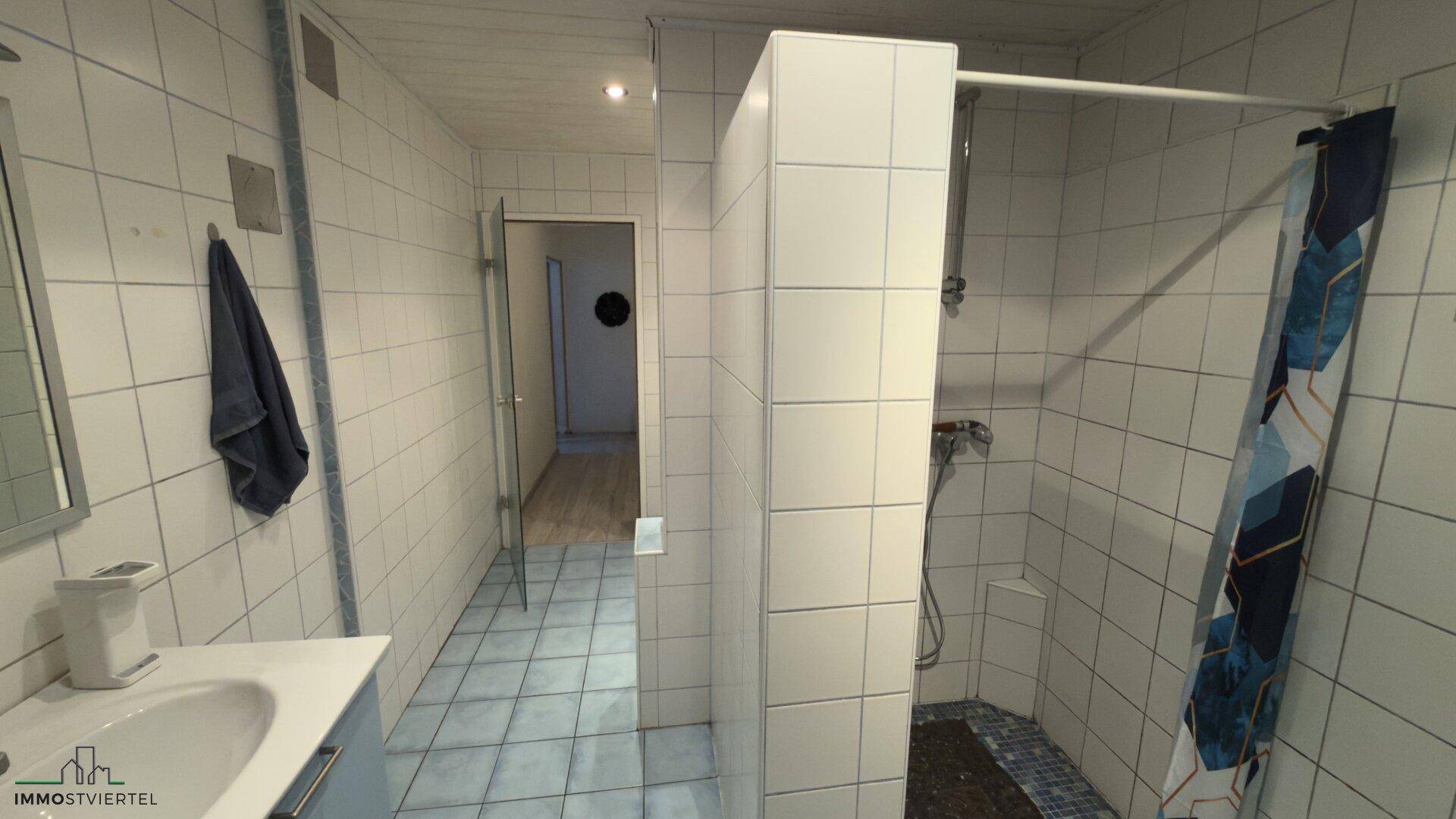 Badezimmer mit Duschbereich, Waschtisch und blauen Bodenfliesen, funktional und hell.