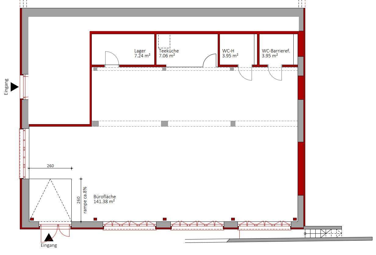 Detaillierter Grundriss mit Bürobereich, Lager, Teeküche und barrierefreien Toiletten, inklusive einer Rampe am Eingang.