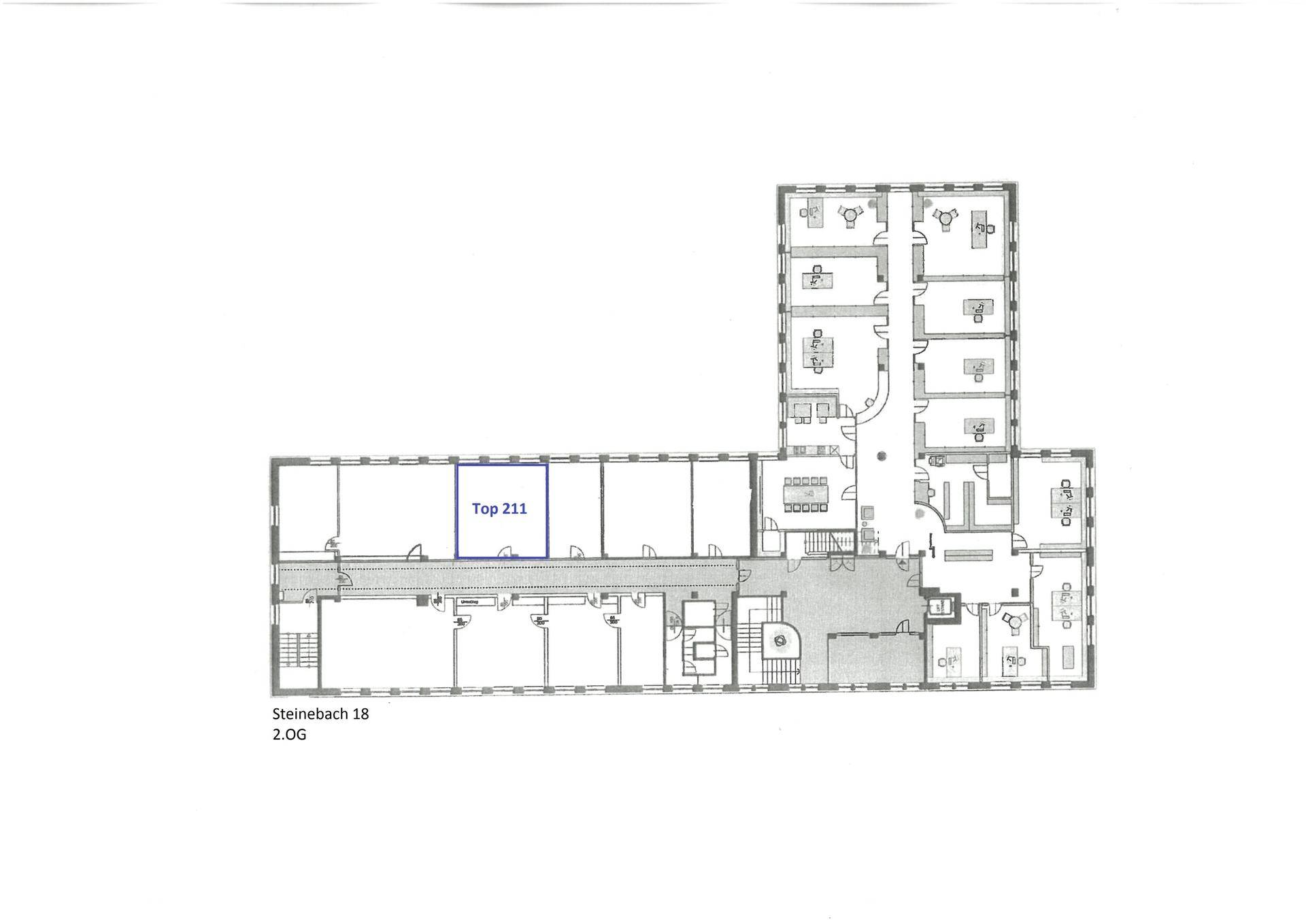 Grundrissplan einer Bürofläche im zweiten Obergeschoss mit mehreren Räumen und Flur.