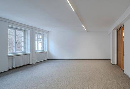 Heller, leerer Raum mit Teppichboden, zwei Fenstern und moderner Deckenbeleuchtung.