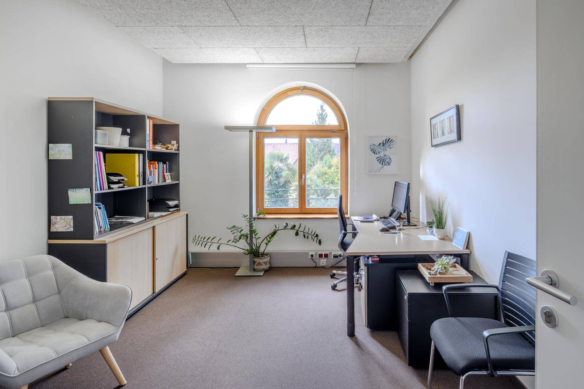 Helles Büro mit Teppichboden, einem großen Bogenfenster, das eine grüne Aussicht bietet, und einem modernen Schreibtisch.
